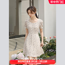 奈格薇儿小个子方领碎花连衣裙女夏2023年法式温柔风短款雪纺裙子