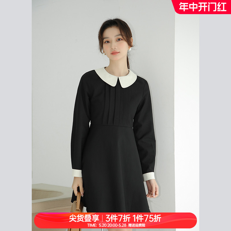 奈格薇儿小个子娃娃领连衣裙女春秋2024新款设计感收腰显瘦小黑裙