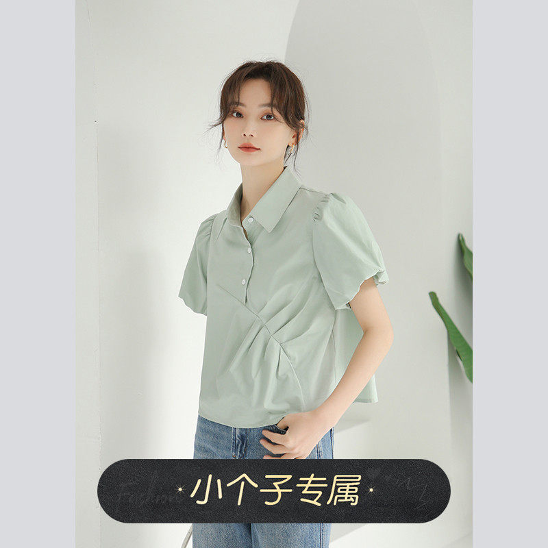 奈格薇儿小个子泡泡袖衬衫女夏2025新款多巴胺纯棉polo领短袖上衣