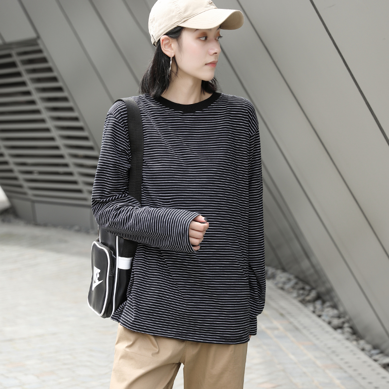 常规t恤宽松长袖以田条纹上衣女
