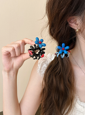 气质蓝色花朵电话线发圈女ins网红高端后脑勺扎头发绳不伤发头绳