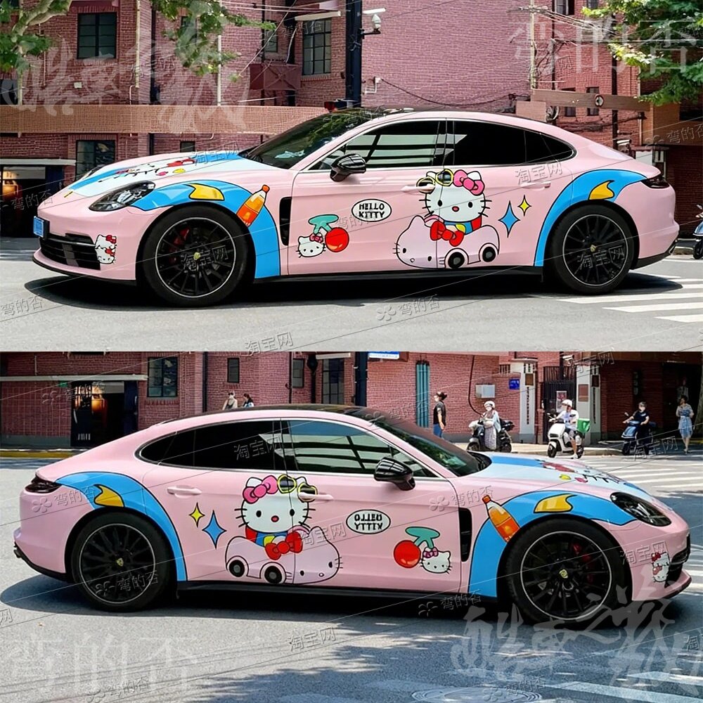 粉蓝撞色helloKitty全车彩绘膜可爱卡通装饰车衣全车贴膜定制涂装