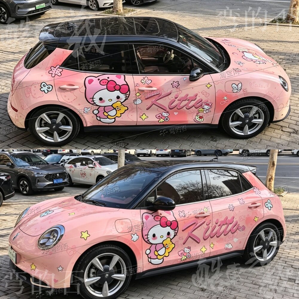 欧拉好猫彩绘贴膜凯蒂猫HELLOKITTY羞羞粉汽车改色膜全车贴膜车衣