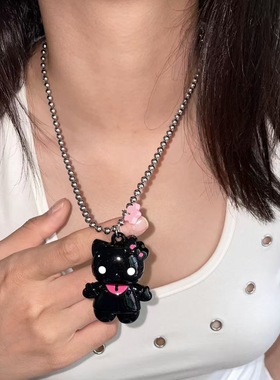甜酷可爱黑脸KT猫串珠项链女款小众设计独特毛衣链百搭高级感配饰