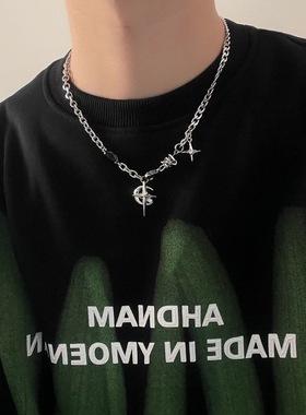 黑宝石芒星欧美嘻哈街头项链男生小众设计高级感女生锁骨链毛衣链