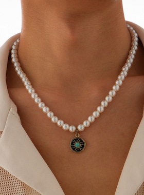 复古简约高级感珍珠项链男女潮牌小众百搭复古太阳吊坠项链