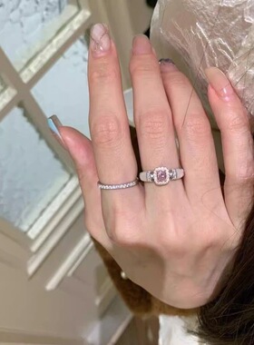 2026新款中古vintage锆石方糖戒指粉色名媛高级感轻奢千金开口戒