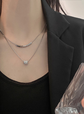 双层圆形项链女时尚气质水钻方块高级感小众设计百搭精致毛衣链潮