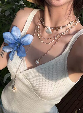 波西米亚多层叠戴星星贝壳项链女choker海边度假风锁骨链个性颈链
