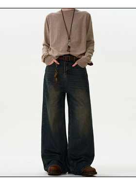 MADWITCH复古泥染做旧水洗牛仔裤男女宽松休闲vintage直筒阔腿裤