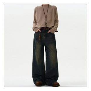 MADWITCH复古泥染做旧水洗牛仔裤 男女宽松休闲vintage直筒阔腿裤