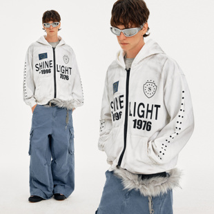 MADWITCH美式潮牌做旧字母印花连帽卫衣男女宽松设计感开衫外套潮