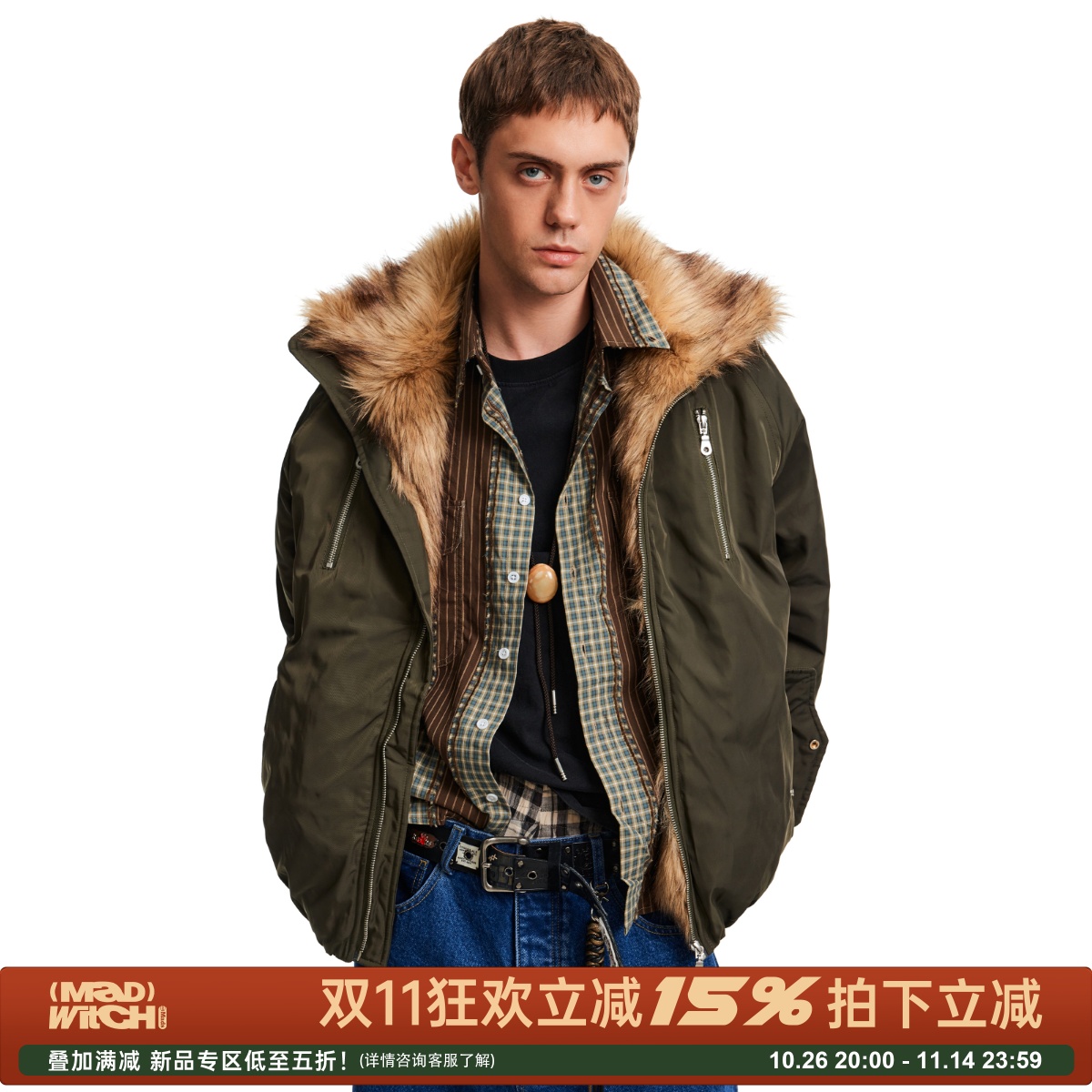 MADWITCH复古毛绒立领派克服棉衣