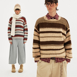 MADWITCH复古氛围感撞色条纹针织衫男女秋冬休闲松弛慵懒风毛衣
