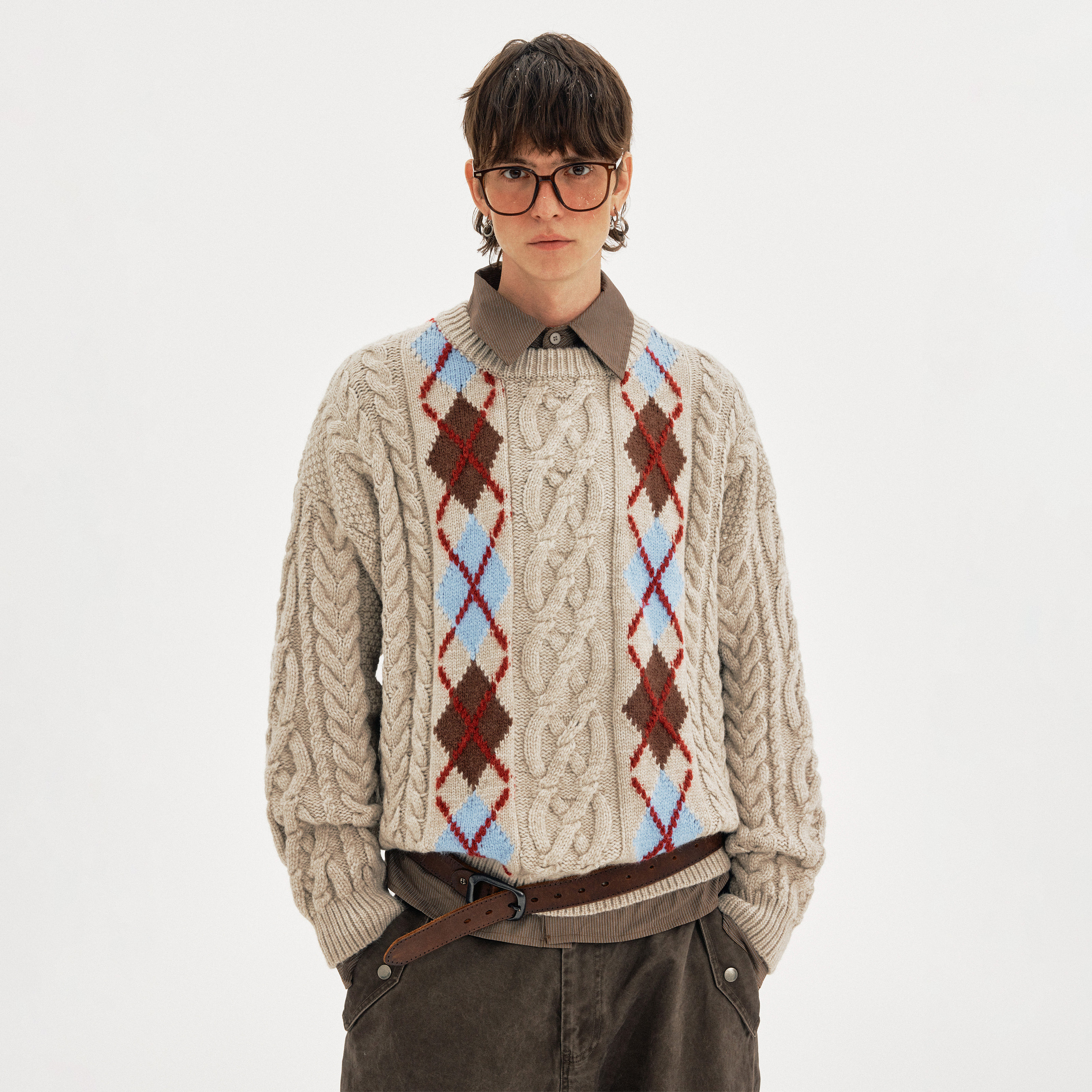 MADWITCH复古氛围感麻花菱格纹针织衫男女松弛慵懒感软糯套头毛衣,男装,针织衫/毛衣,淘宝优惠券,粉丝福利购,淘宝优惠卷