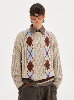 MADWITCH复古氛围感麻花菱格纹针织衫男女松弛慵懒感软糯套头毛衣