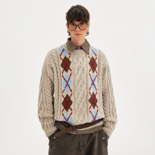 MADWITCH复古氛围感麻花菱格纹针织衫男女松弛慵懒感软糯套头毛衣