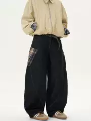 Madwitch American-Style Niche Design Patchwork Plaid Scimitar Jeans Unisex Loose Retro Casual Pants