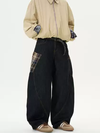 Madwitch American-Style Niche Design Patchwork Plaid Scimitar Jeans Unisex Loose Retro Casual Pants