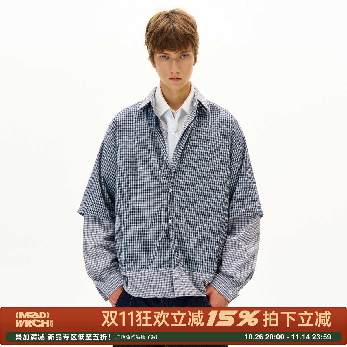 MADWITCH双穿结构拼接格纹衬衫