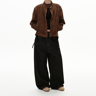 MADWITCH复古小众腰带设计感牛仔裤 子 男女宽松阔腿直筒百搭休闲裤