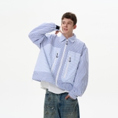 MADWITCH美式 夹克男女宽松休闲小众设计撞色拼接外套 复古条纹衬衫