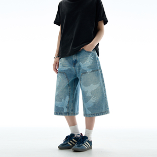 中裤 男女宽松休闲伐木七分裤 高街水洗鸽子印花牛仔裤 MADWITCH美式