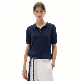MADWITCH复古高智感麻花纹针织短袖 polo上衣 女vintage老钱风短款