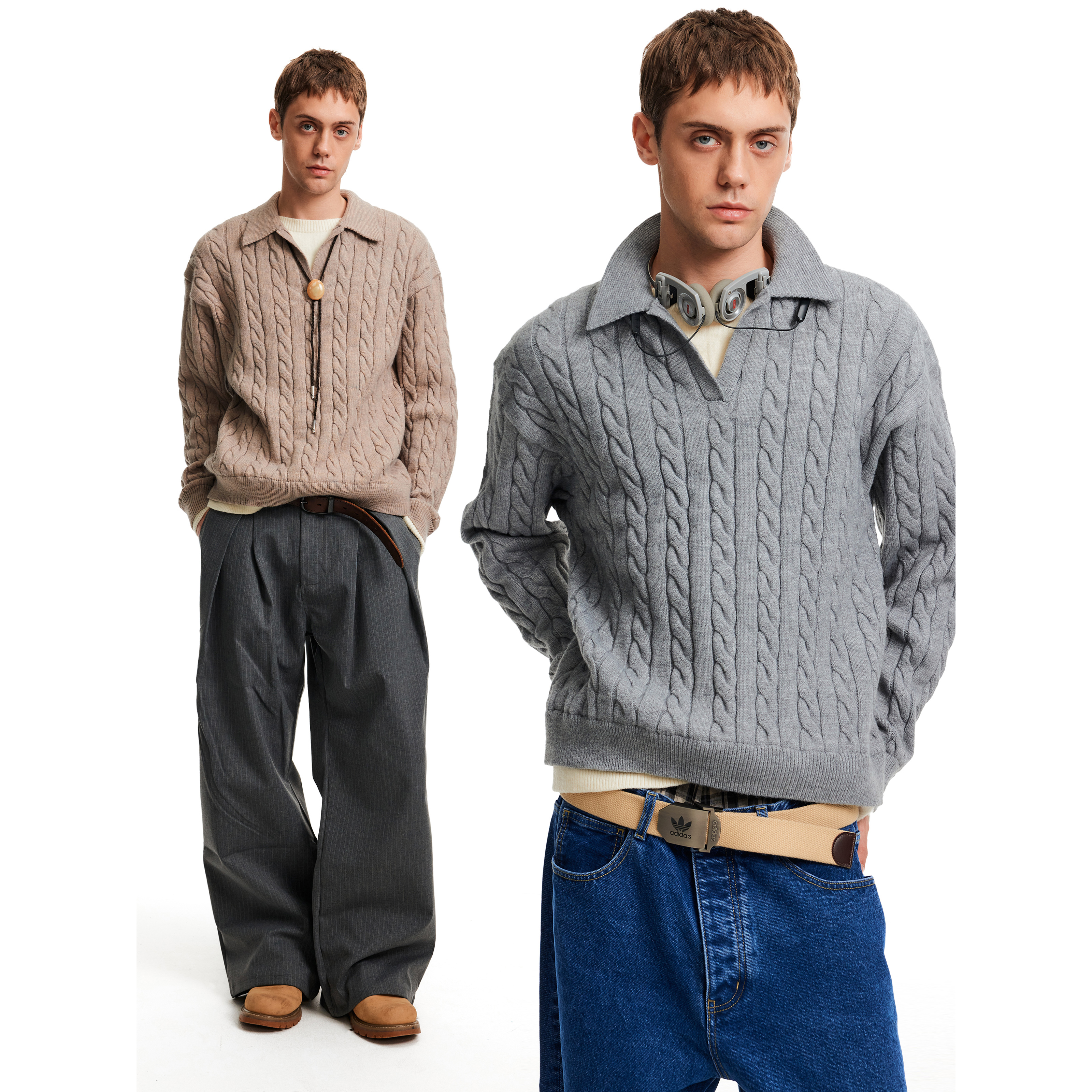 MADWITCH秋冬美式编织麻花翻领针织衫男女宽松休闲松弛慵懒风毛衣