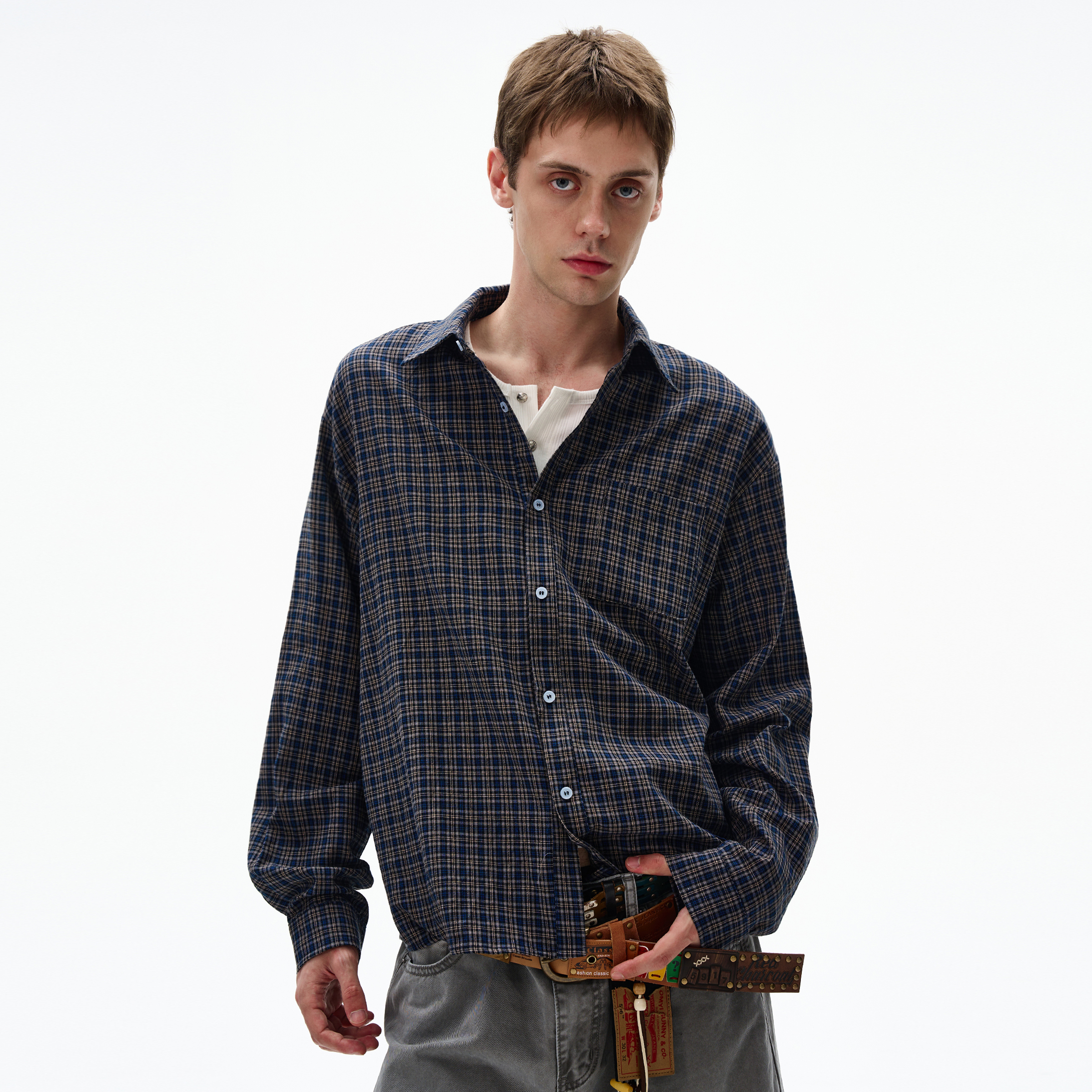 MADWITCH复古深蓝格纹格子衬衫