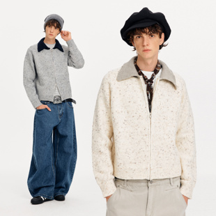 MADWITCH美式休闲撞色翻领针织衫男女软糯高级感羊毛混纺通勤毛衣