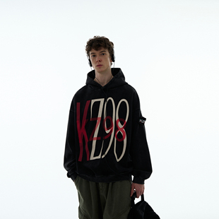 MADWITCH美式 复古字母印花裂纹水洗做旧连帽卫衣男女高街宽松上衣