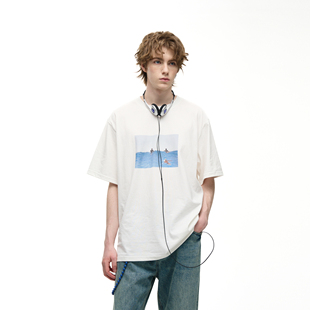 MADWITCH美式复古cleanfit海景印花短袖男女宽松休闲纯棉圆领T恤