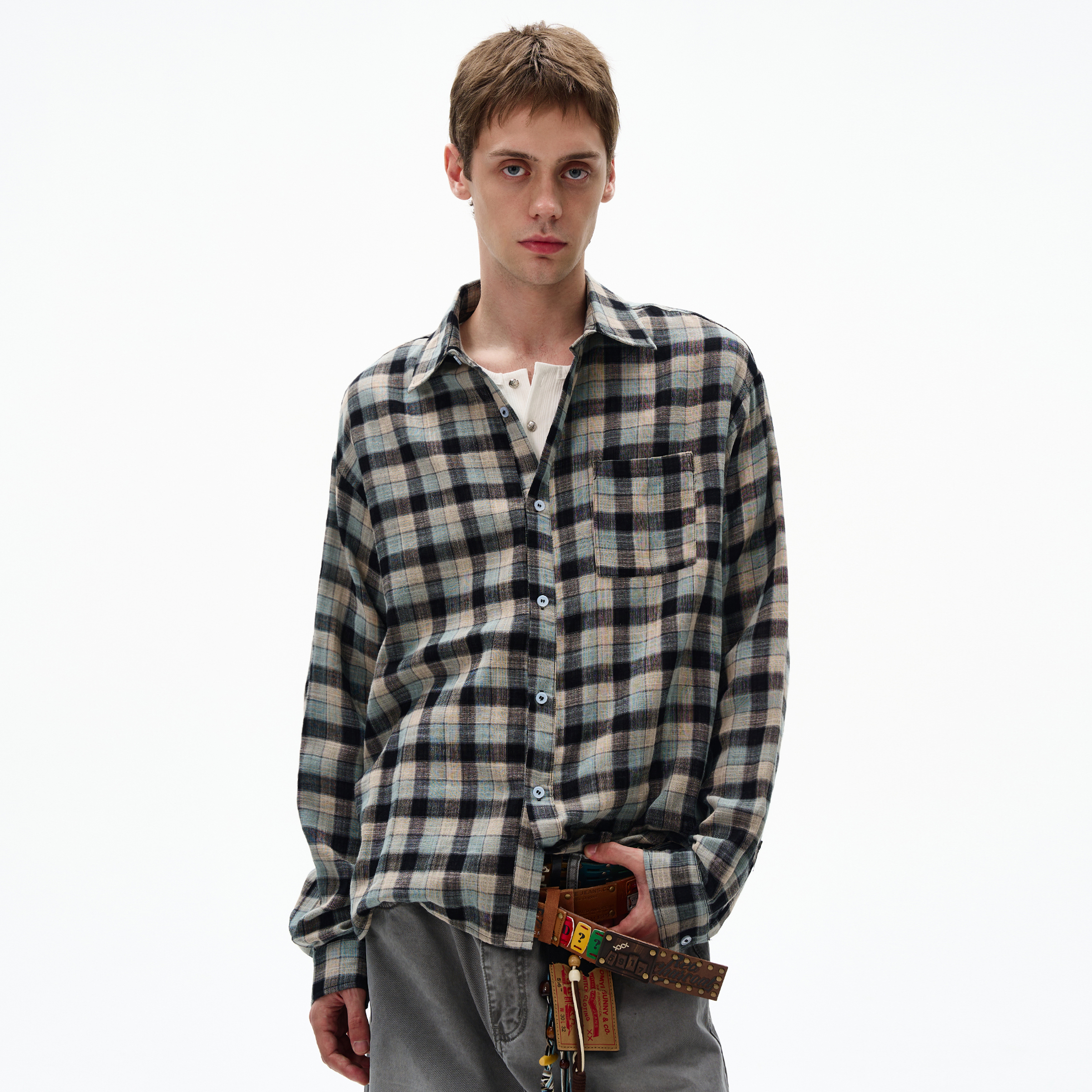 MADWITCH复古经典做旧格纹衬衫