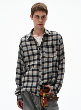 MADWITCH复古经典做旧格纹长袖衬衫男女宽松休闲vintage通勤上衣