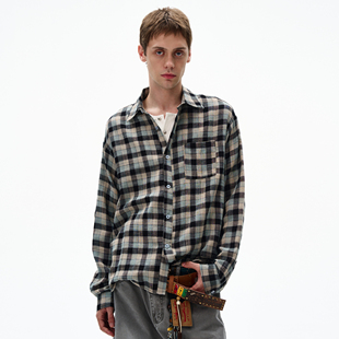 男女宽松休闲vintage通勤上衣 衬衫 MADWITCH复古经典 做旧格纹长袖