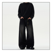 MADWITCH复古水洗bootcut牛仔裤 子ins 男女宽松休闲阔腿直筒黑色裤