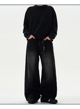 MADWITCH复古水洗bootcut牛仔裤男女宽松休闲阔腿直筒黑色裤子ins