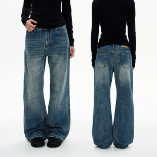 子 男女宽松休闲高级感百搭裤 MADWITCH美式 复古做旧水洗直筒牛仔裤