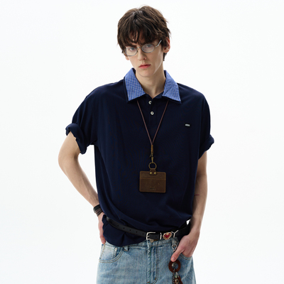 MADWITCH美式复古拼接双领短袖