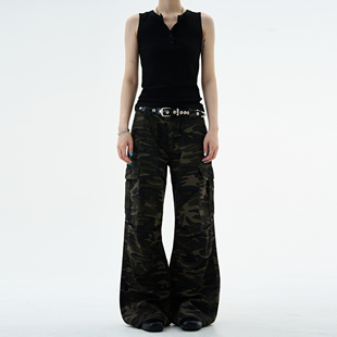 男女水洗做旧设计感微喇休闲裤 牛仔裤 子 复古迷彩工装 MADWITCH美式