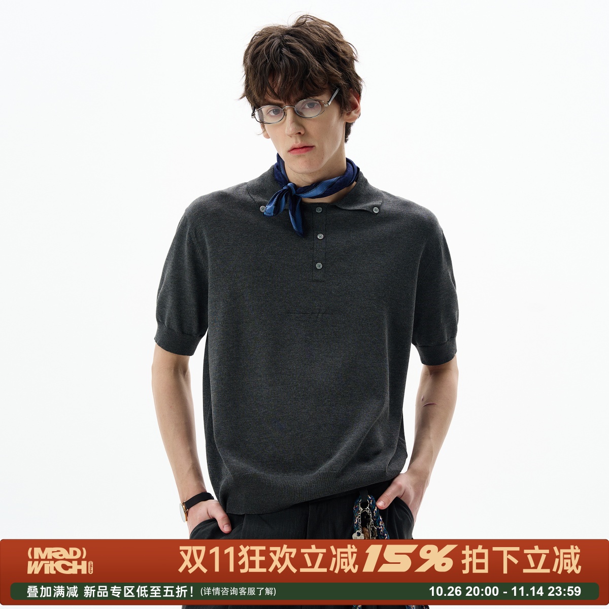 MADWITCH美式复古polo领针织短袖