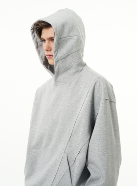 MADWITCH分割解构boxy灰色连帽卫衣美式宽松短款cleanfit套头上衣