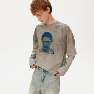 MADWITCH复古做旧喷脏假两件印花T恤男女宽松休闲痞帅高街上衣潮