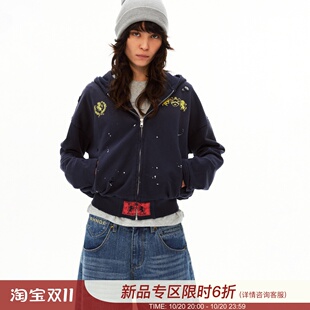 MADWITCH美式复古做旧泼墨印花卫衣男女痞帅高街设计感连帽外套潮