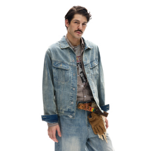 MADWITCH复古水洗竹节纹工装 牛仔外套男女宽松休闲解构做旧夹克潮