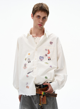 MADWITCH美式潮牌趣味印花长袖衬衫男女宽松休闲vibe做旧毛边上衣