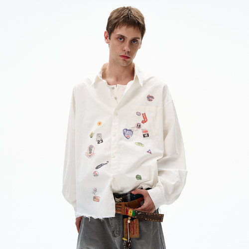 MADWITCH美式趣味印花长袖衬衫潮