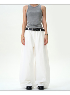 MADWITCH简约廓形白色弯刀牛仔裤男女宽松休闲cleanfit百搭裤子潮