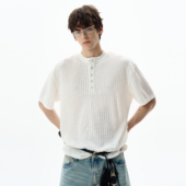 MADWITCH复古亨利领坑条针织短袖 男女宽松休闲肌理感美式 T恤上衣